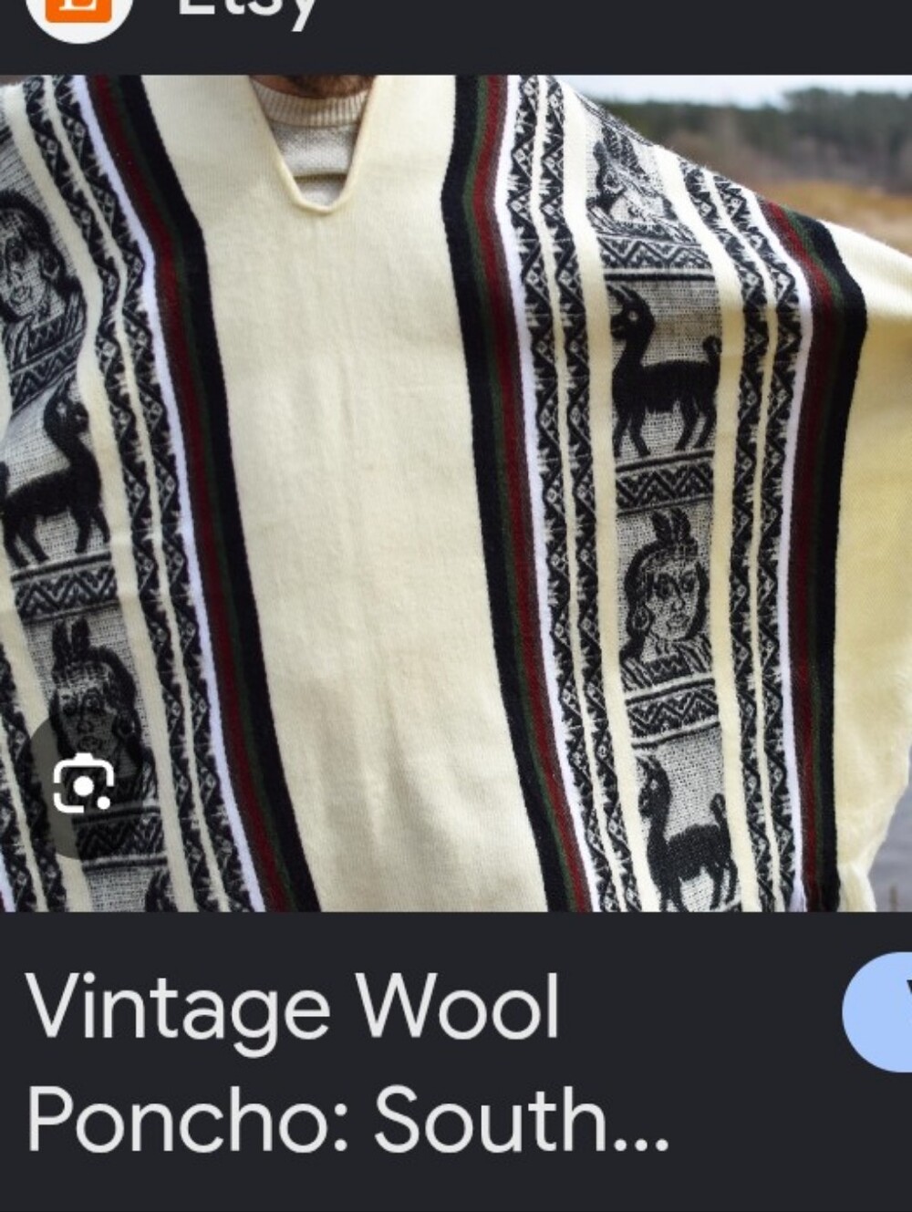 Authentic Vintage Winter White "Llama Dance" Wool Blend Alpaca Handknit Poncho